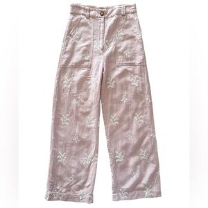 Zara Embroidered Linen Like Pants Pink White Palm Leaves Size Small EUC